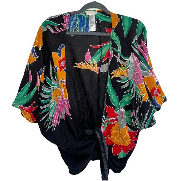 FREE PEOPLE Womens Black Front Tie Floral Kimono Sleeve Open Front One Size v5 - Picture 1 of 6